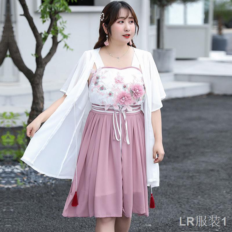 plus phân bón XL Trang phục siêu bất tử cổ trẻ em mùa hè 200 pound Fat MM Cải thiện Váy hoa Hanfuk