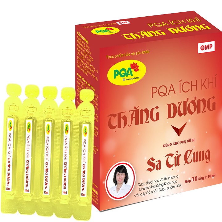 PQA ÍCH KHÍ THĂNG DƯƠNG 10 hộp dạng ống : người bị sa tử cung, sa dạ dày, trĩ, thoát vị bẹn, ung thư cổ tử cung