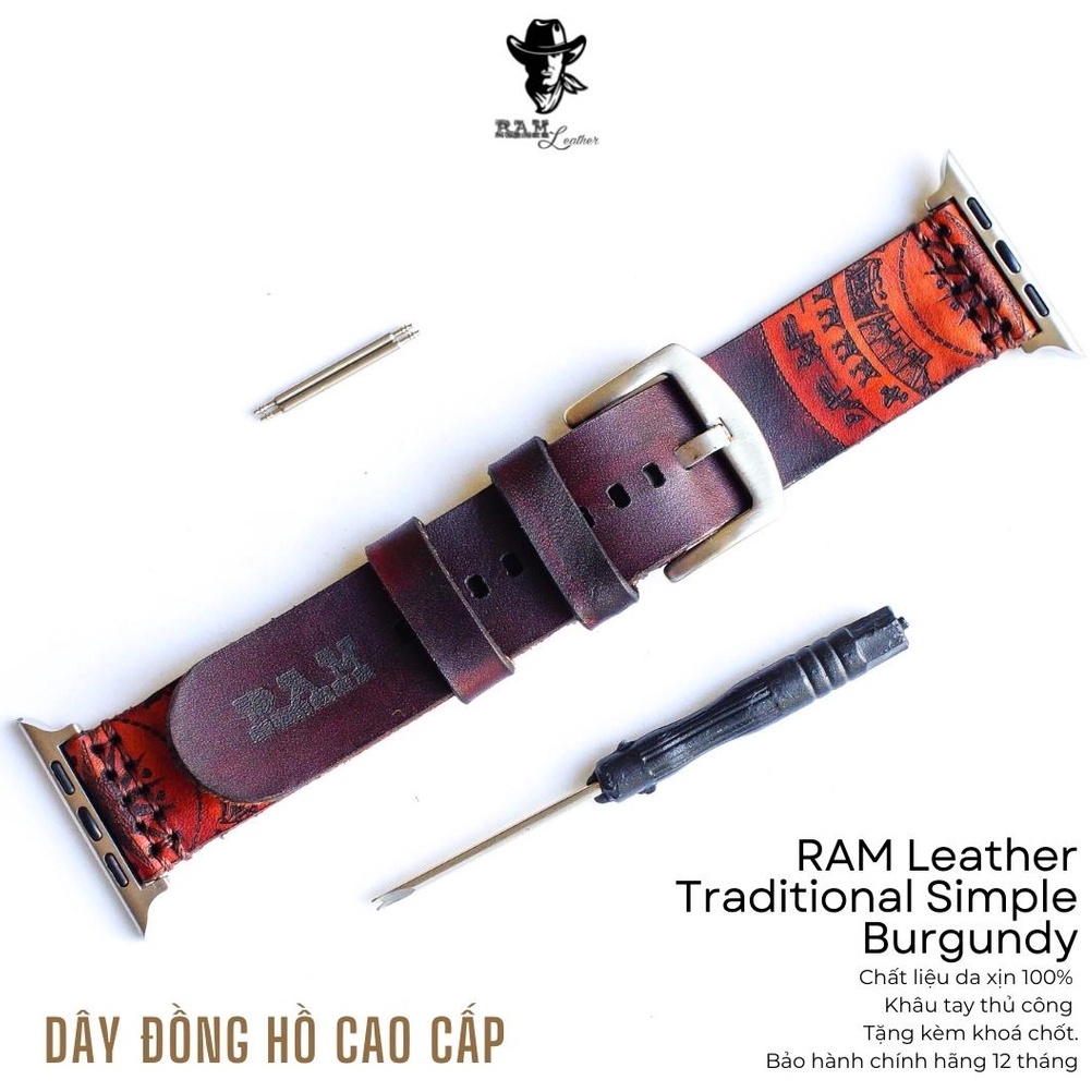 Dây đồng hồ Apple Watch , Iwatch , Iphone Watch Da Bò Italia Vegtan Màu Burgundy RAM Leather Bền Đẹp