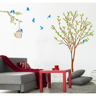 Decal trang trí tường - Cây xanh và lồng chim cùng những chú chim xanh