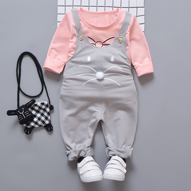 Set Áo Thun Dài Tay Cổ Tròn + Quần Yếm Đáng Yêu Cho Bé Gái