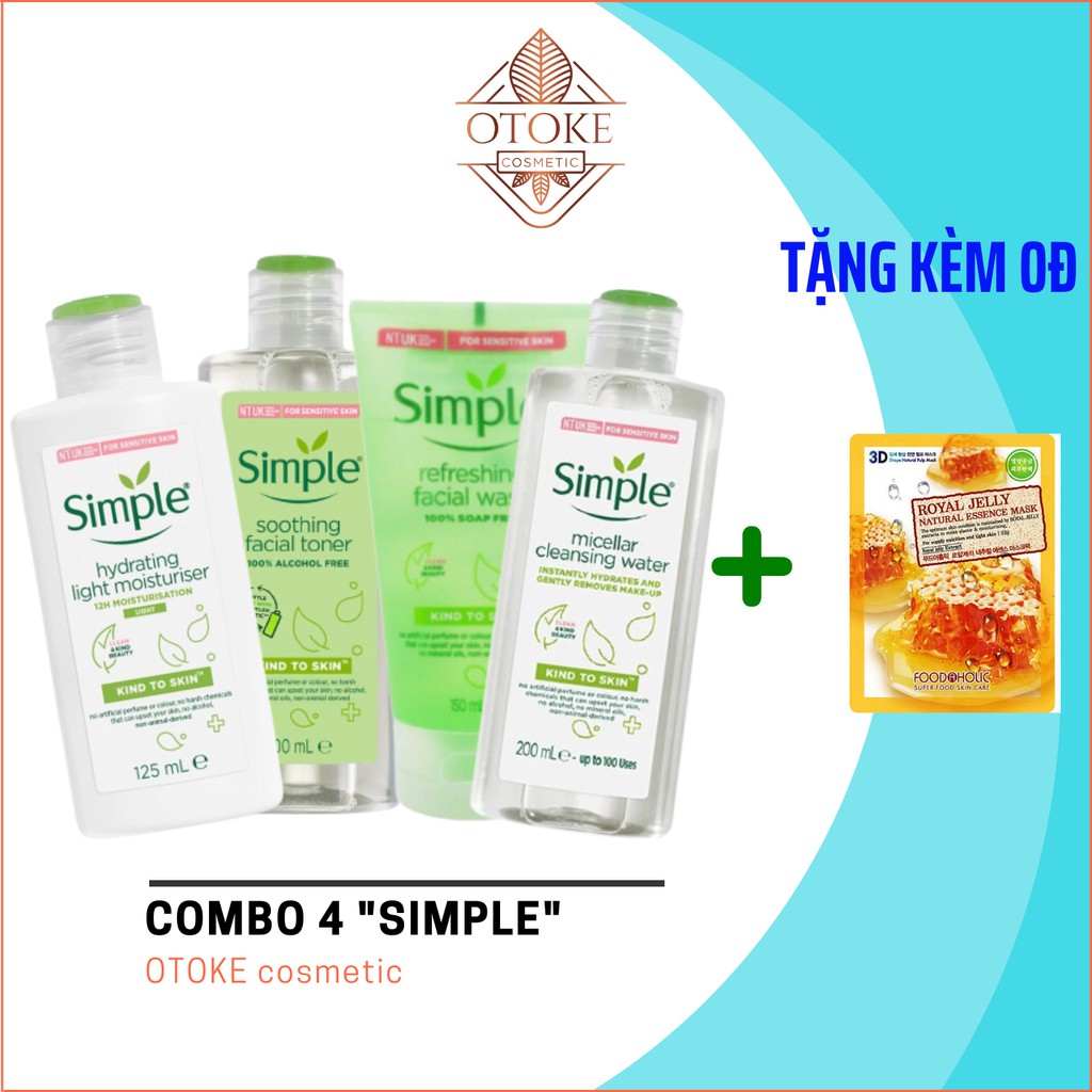 Combo 4 món dưỡng da dịu nhẹ Simple nước hoa hồng + nước tẩy trang + sữa rửa mặt + kem dưỡng ẩm