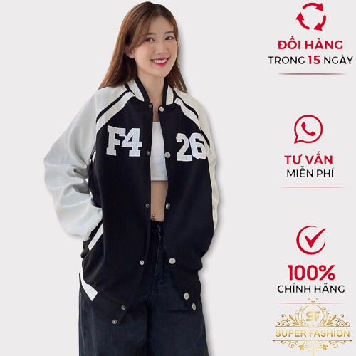Áo Khoác Nữ Super Fashion Kiểu Bomber Vải Da Lộn 2 Lớp Lót Dù Thêu Chữ F4 26 Hot Trend