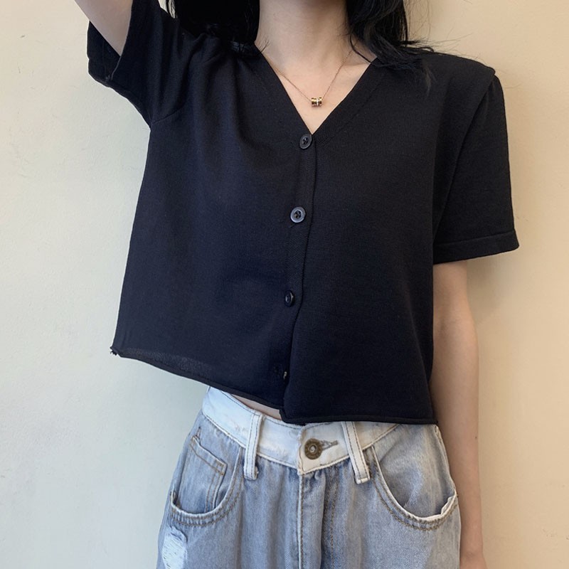 Áo len tay ngắn cổ chữ V vải lụa lạnh thời trang mùa hè dành cho nữ