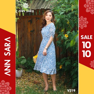 V219 - Đầm xòe tay nhún màu xanh vải voan lụa ANN SARA