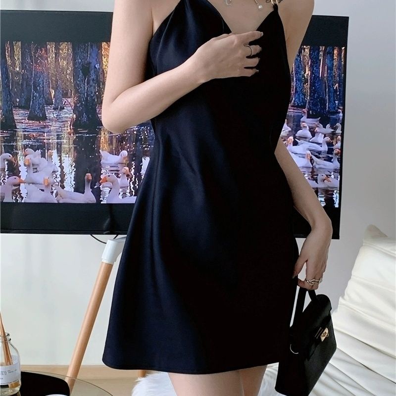 Jiashucheng Đầm Hai Dây Dáng Chữ a Hở Lưng Phối Dây Xích Phong Cách Pháp Thời Trang Mùa Hè Cho Nữ