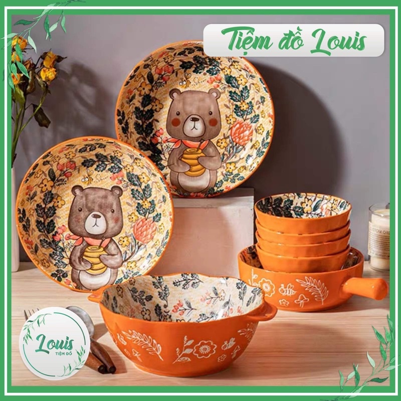 Bộ Bát Đĩa Decor Chén Dĩa Sứ Ăn Cơm Hoạ Tiết Gấu Cam Cute Decor Phong Cách Bắc Âu
