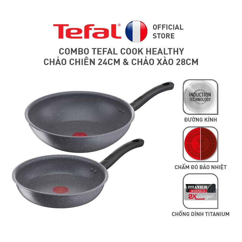 Bộ nồi chảo Tefal Cook Healthy cao cấp 2pcs (Chảo 24/Chảo xào 28) đen vân đá sang trọng và siêu chống dính