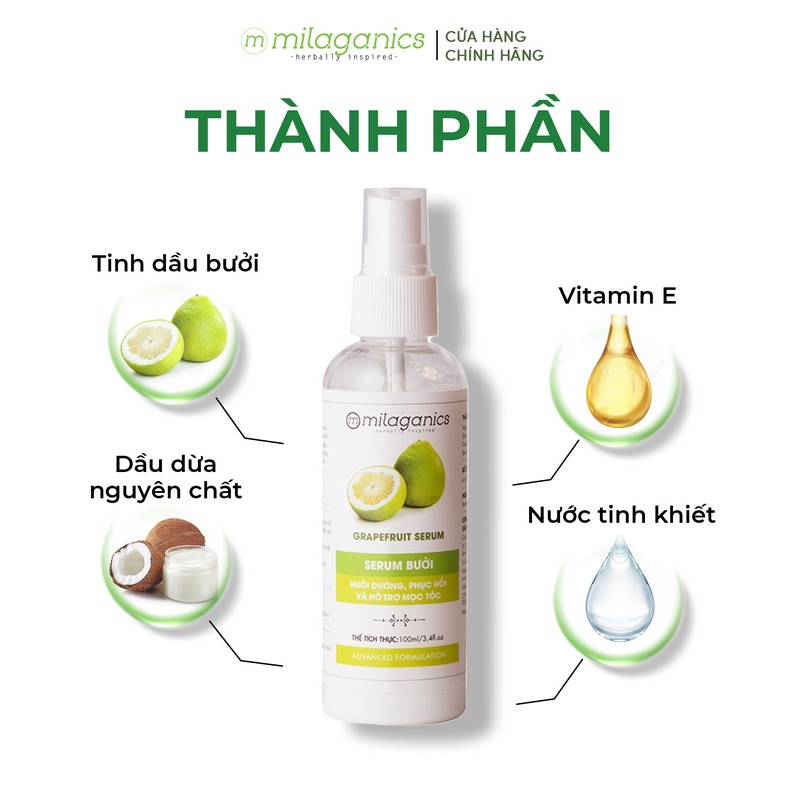 Serum Xịt dưỡng tóc tinh dầu bưởi kích thích mọc tóc MILAGANICS 100ml giúp giảm rụng tóc, kích thích mọc tóc nhanh chóng