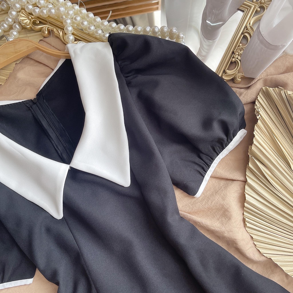 ĐẦM MIDI ĐEN TAY BỒNG CỒ NHỌN TRẮNG | BigBuy360 - bigbuy360.vn