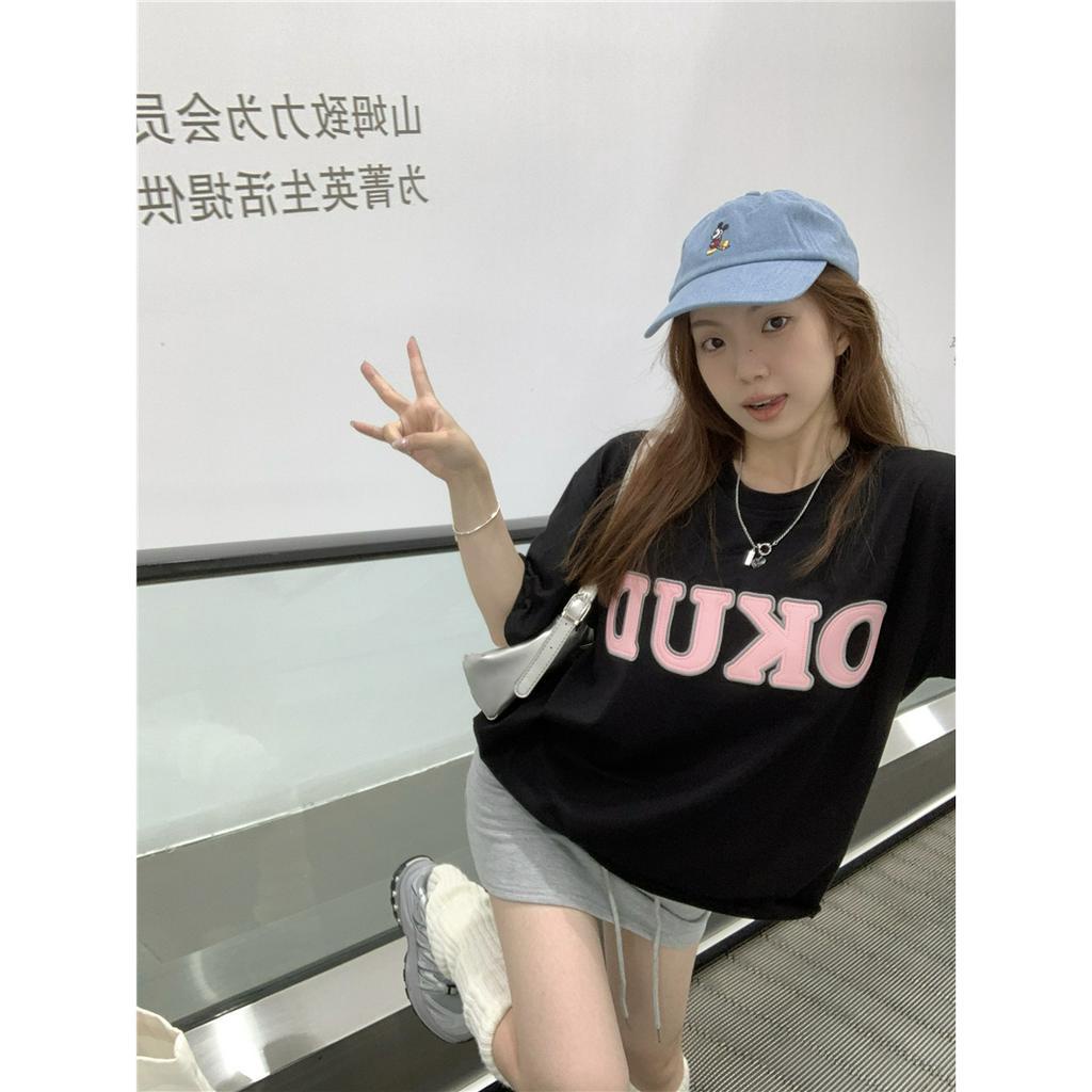 「 WELOVE1 」Áo Thun Nữ Ngắn Tay Cổ Tròn Thêu Chữ Nhiều Màu Sắc Phong Cách Hàn Quốc