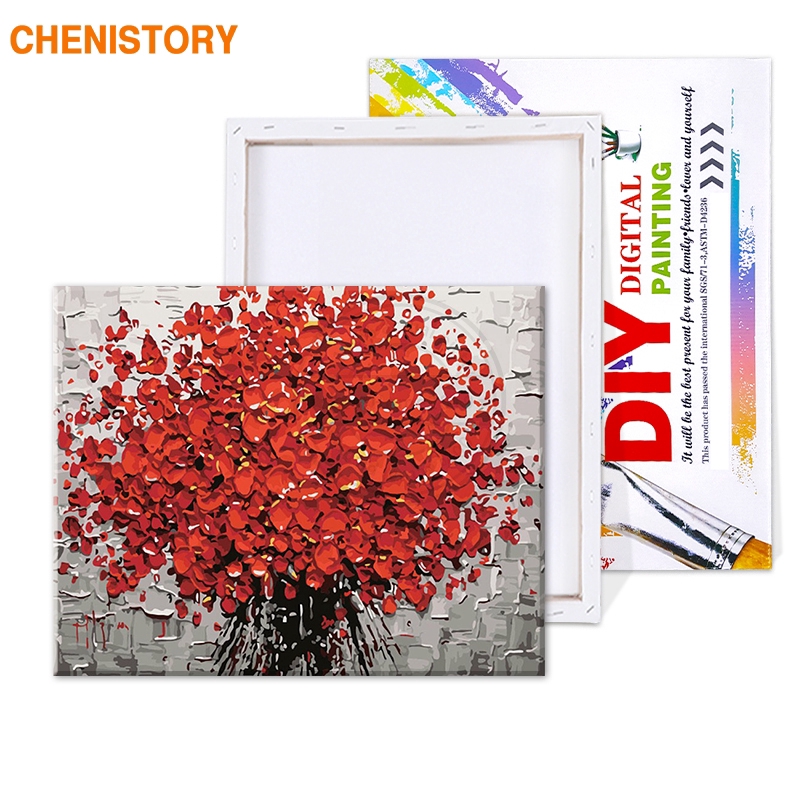 Bộ trang tự vẽ Acrylic không kèm khung hình bông hoa đỏ cỡ 40x50cm trang trí sang trọng