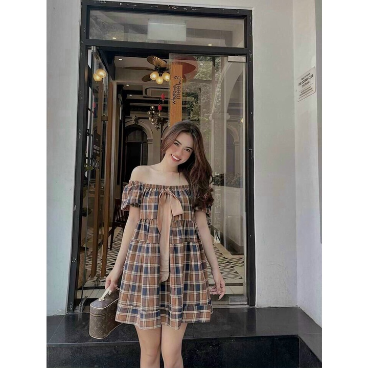 Váy Babydoll caro trễ vai, Đầm trễ vai cổ vuông dáng xòe Ulzzang | BigBuy360 - bigbuy360.vn