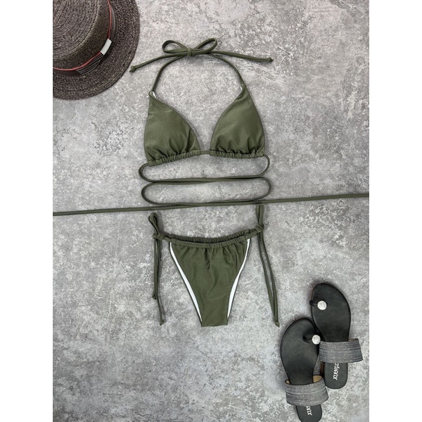 Bikini chất thun bóng dáng tam giác dây dài quấn eo cá tính 2M0036