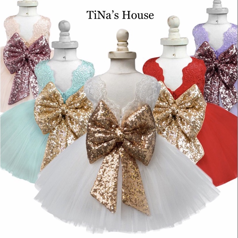 Đầm Công Chúa Vải Tuyn Phối Nơ To Đính Kim Tuyến Xinh Xắn TiNa’s House... Cho Bé Từ 01-05 Tuổi.
