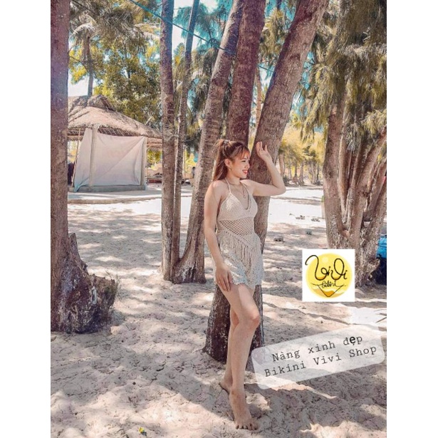 Bikini Len Đi Biển, Set Ren 3 Món Quảng Châu Tua Rua Tam Giác Vivi Shop