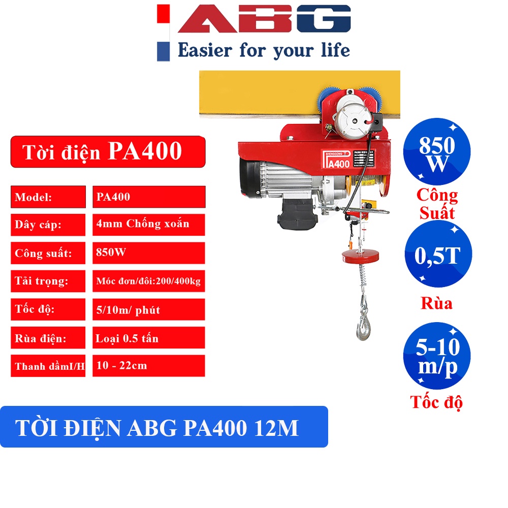 Bộ Tời Điện Kèm Rùa ABG PA400 Nâng Hạ Vật Nặng Dễ Dàng Trong Nhà Xưởng Công Nghiệp