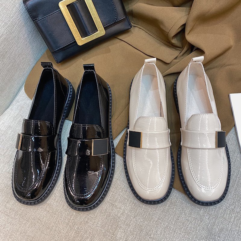 Giày Oxford Da Bóng Đế Dày Phối Khóa Kim Loại Màu Trơn Phong Cách Retro Cho Nữ