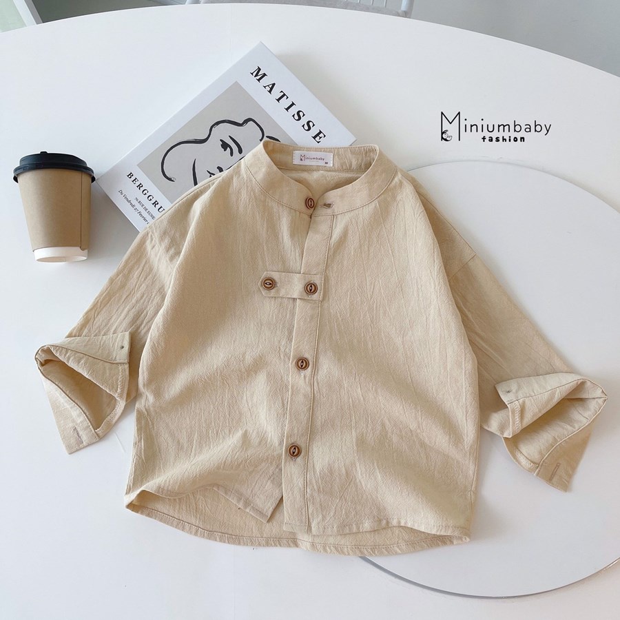 Áo sơ mi dài tay thu đông cổ tàu in gấu cho bé trai chất liệu thô boi, bộ quần áo trẻ em miniumbabyfashion A1389