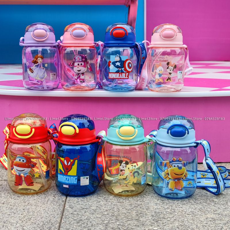 Bình nước ống hút kèm dây đeo cao cấp Disney Minnie Spiderman 480ml cho trẻ em