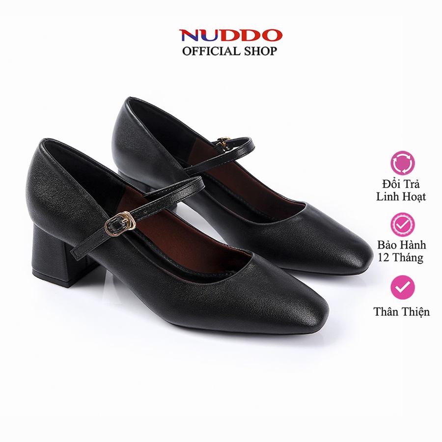 Giày Mery jane cao gót nữ 5 phân mũi vuông đế vuông quai ngang da lì mềm dáng guốc công sở đẹp cao cấp NUDDO _NU399