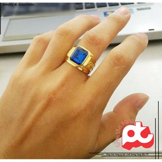 Nhẫn inox nam rồng mạ vàng đá xanh