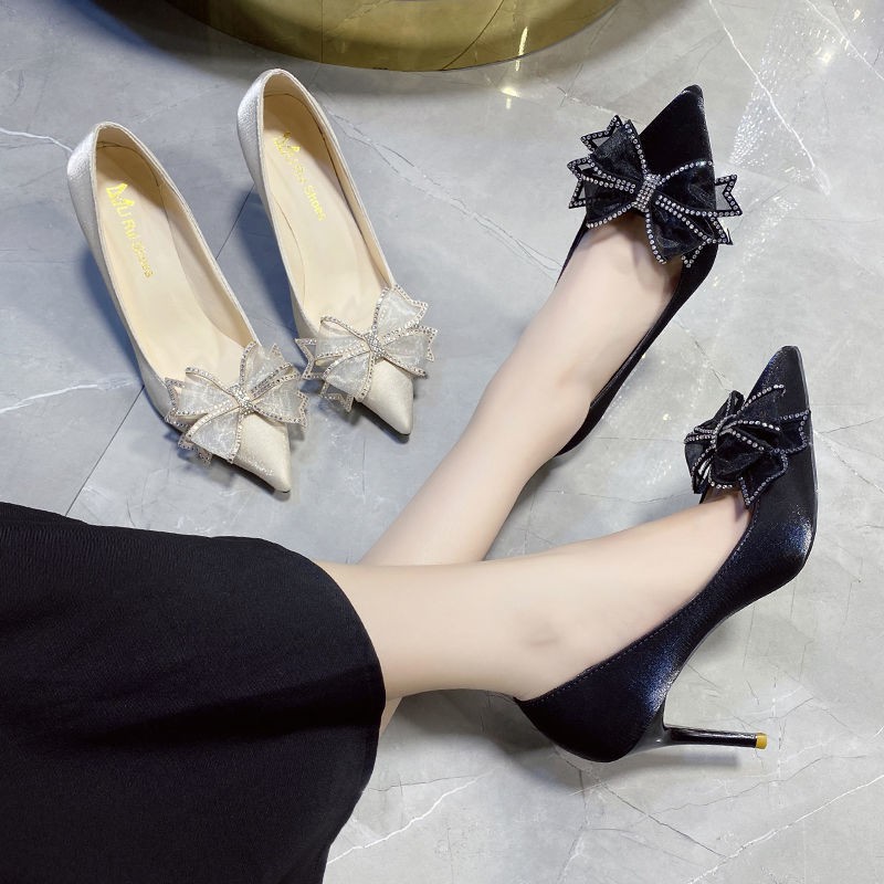 Đính Đá Màu Trắng / Đen Thời Trang Xuân Thu 2021 Cho Nữ Giày cao gót 5cm 7cm 9cm