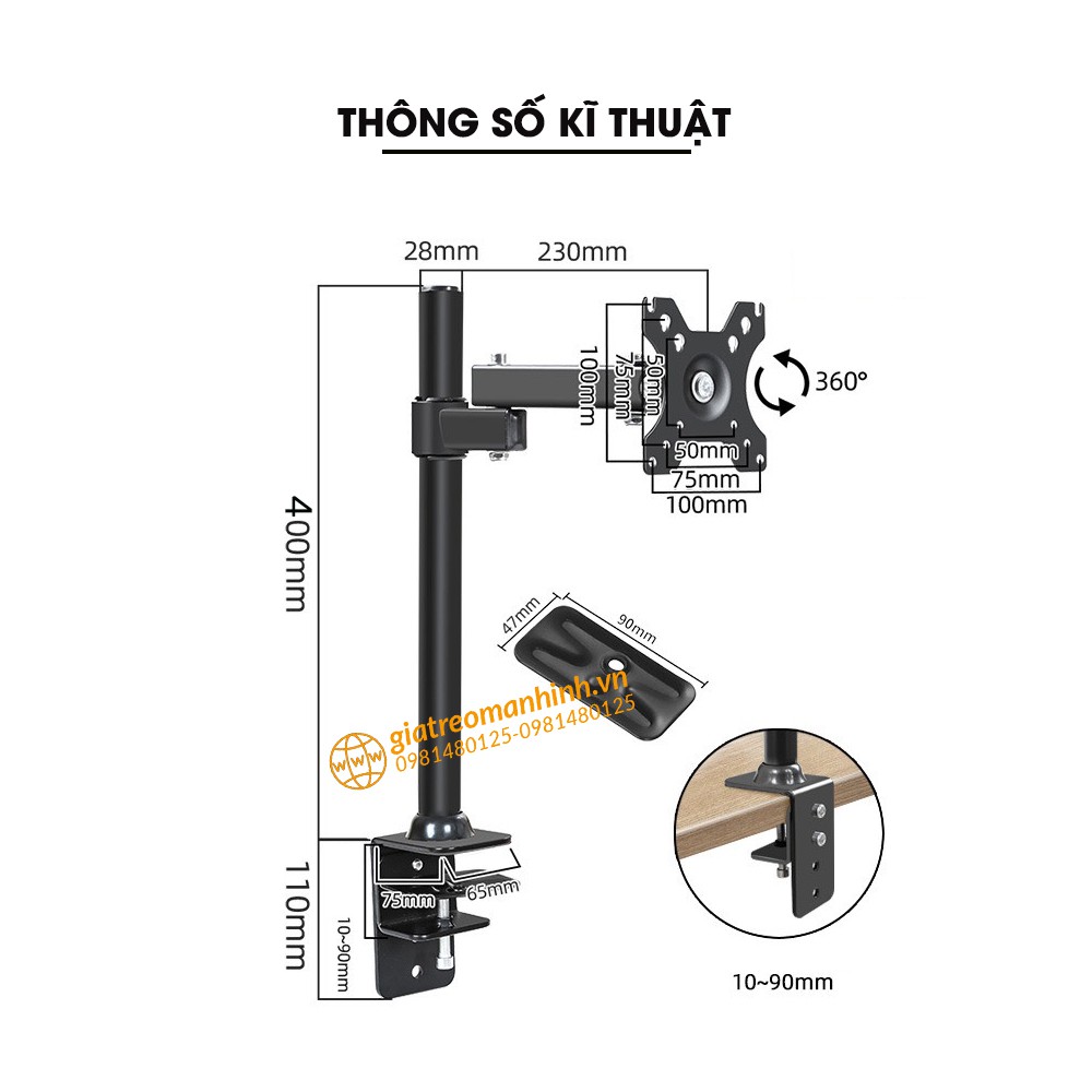 Giá Treo Màn Hình 17- 32 Inch HW-701 XL03 / Tải Trọng 6-8Kg - Xoay Màn 360  - Lắp Đặt Kẹp Bàn