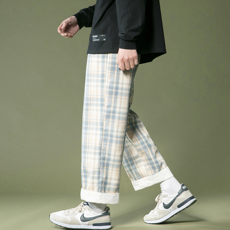 Men's Wide-legged Plaid Pants Korean Style Straight Baggy Pants for Men Loose Casual Fashion Trousers Unisex