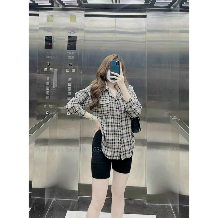 Sét Đồ Bộ Áo Sơ Mi Caro Tay Dài Kết Hợp Quần Short Thun Bó Đáng Yêu TTSLA0815