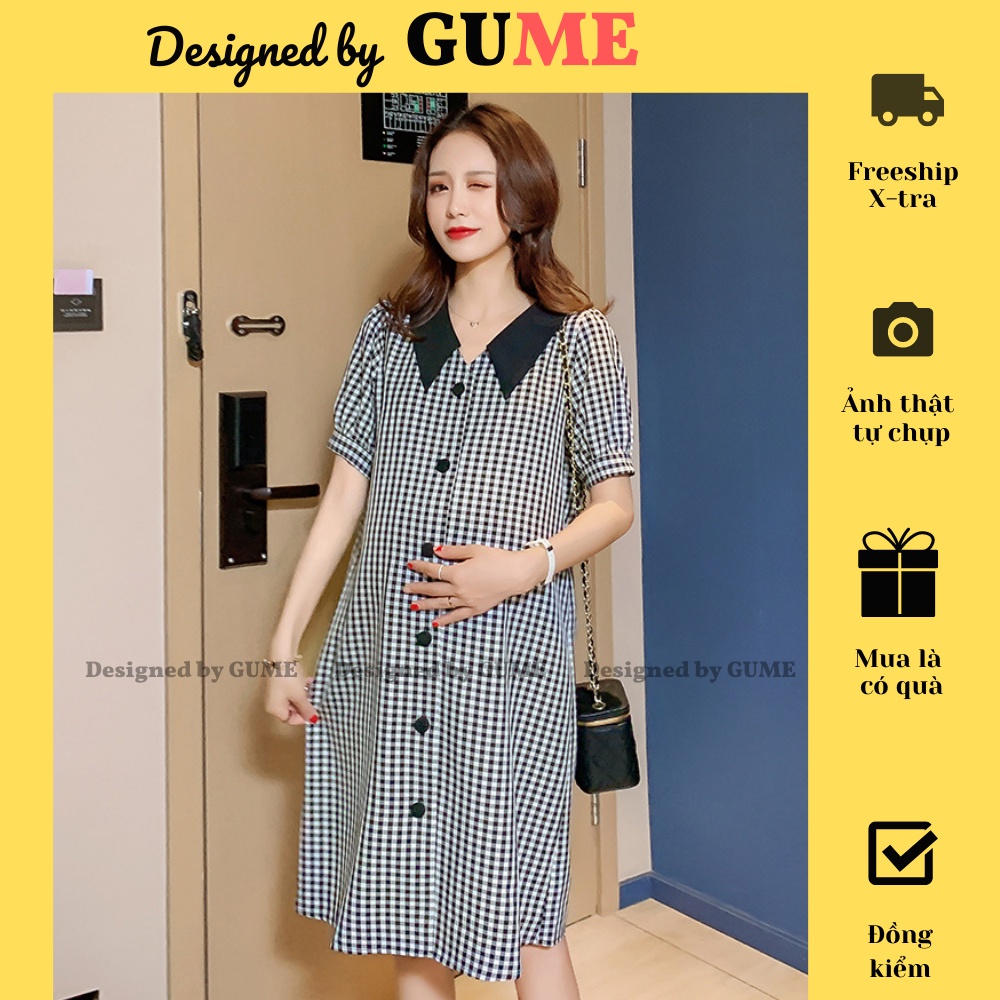 Đầm Bầu Công Sở - Váy Bầu GUME kẻ caro đen dáng suông cúc dọc phôi cổ đen chất vải thô cotton MB173- kèm ảnh thật