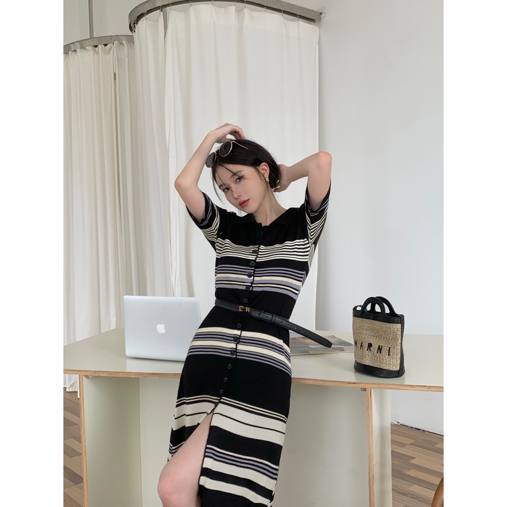 Đầm Dệt Kim Dáng Dài Cổ polo Họa Tiết Kẻ Sọc Phong Cách Pháp Cao Cấp