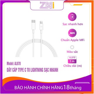 Dây cáp type c to lightning zmi al870 chuẩn mfi dài 1m| bảo hành 18 tháng
