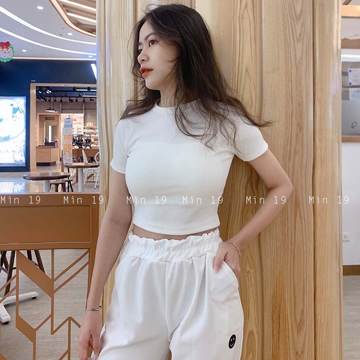 Áo croptop tay ngắn MIN19 áo thun body nữ tay ngắn bigsize cổ tròn dáng ôm màu trắng đen nâu be thời trang Hàn Quốc