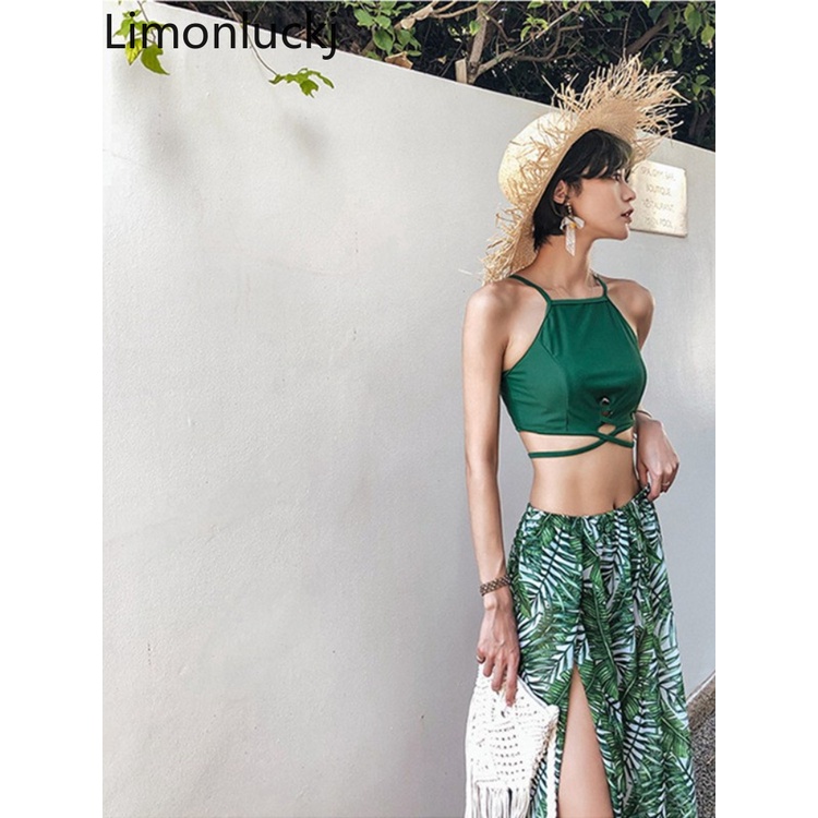 Bộ Đồ Bơi Ba Mảnh Gồm Áo Croptop + Chân Váy Dài + Quần Ngắn Xẻ Tà Phong Cách Hàn Quốc Gợi Cảm Hàng Mới 2022 Dành Cho Bạn Nữ