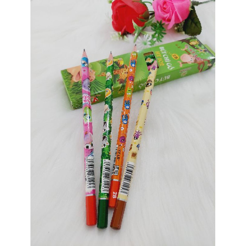 Hộp 12 bút chì 2B hoạt hình ⚡ SIÊU ĐÁNG YÊU ⚡ Cây viết chì HT102 họa tiết dễ thương, màu sắc đa dạng