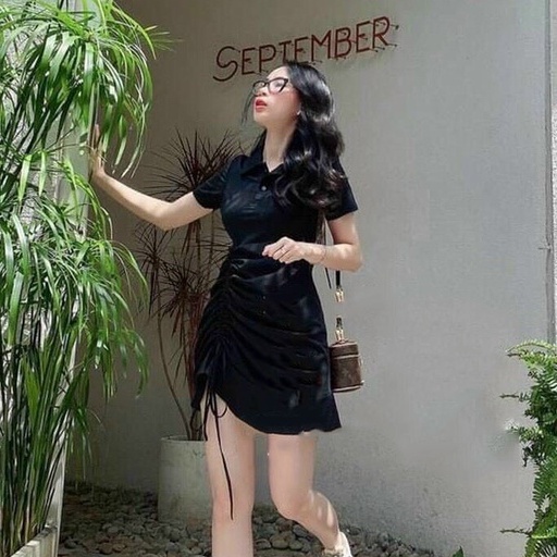 Gunkaymatter Đầm Ôm Body Cổ Sơ Mi Rút Dây Bên Hồng Thời Trang Nữ Thiết Kế Sang Chảnh