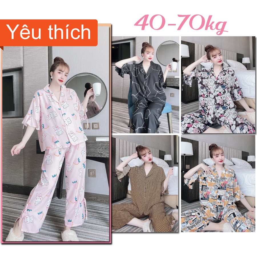Tổng hợp đồ bộ pijama mặc nhà tay bèo quần dài chất lụa Mango freesize từ 40-70kg
