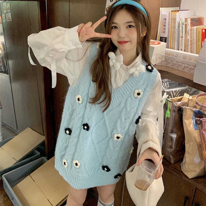 Áo khoác vest dệt kim cổ chữ V thêu hoa thời trang Nhật Bản dễ thương | BigBuy360 - bigbuy360.vn