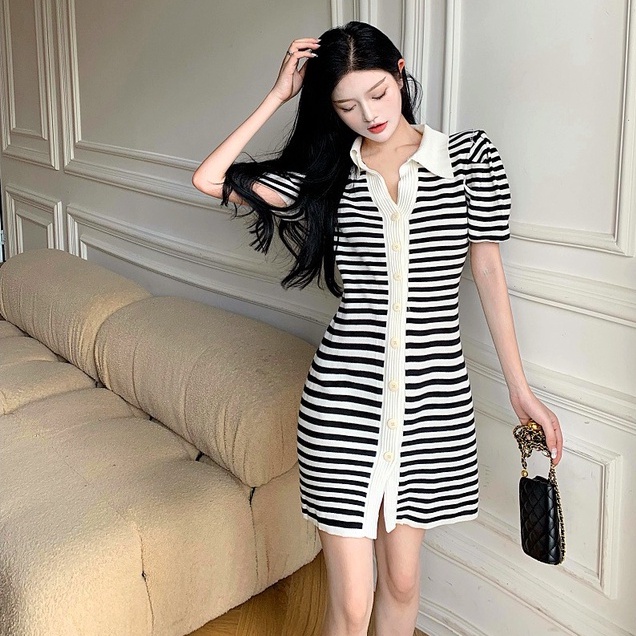Đầm ZHELIHANGFEI dệt kim cổ polo họa tiết kẻ sọc thời trang trẻ trung dành cho nữ