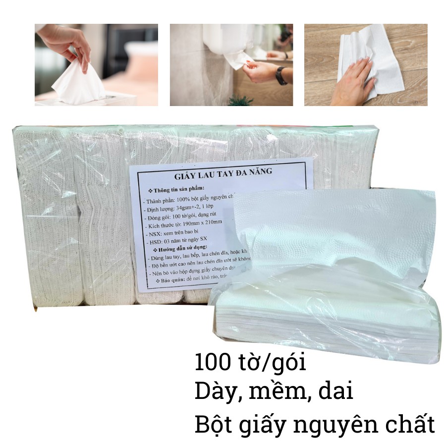 Combo (14 gói) giấy lau tay đa năng - 100 tờ/gói (1 lớp), giấy lau đa năng dày, mềm, dai, thấm hút tốt