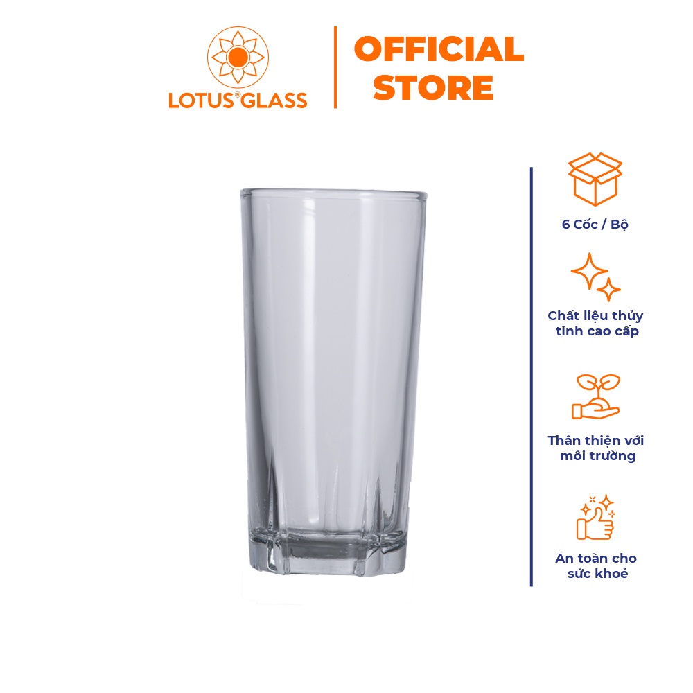 Bộ 6 cốc cao 4 rãnh khía đáy thủy tinh LOTUS GLASS VTC07 trong suốt cao cấp, an toàn, dùng để uống nước ép, sinh tố, sữa