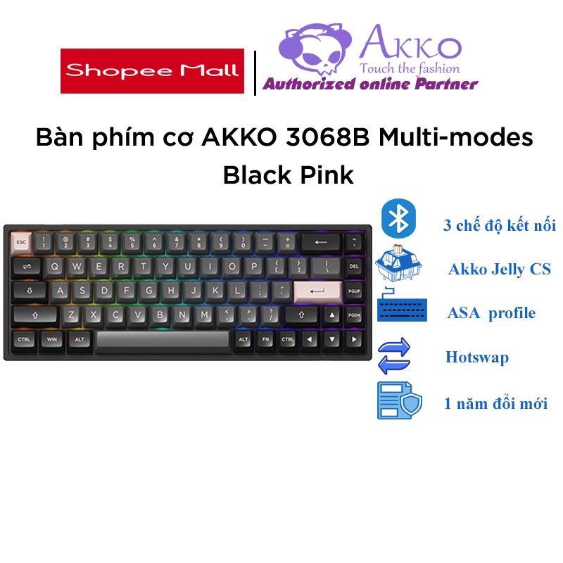 Bàn phím cơ AKKO 3068B Multi-modes Black Pink (Bluetooth 5.0 / Wireless 2.4Ghz / Hotswap / Foam tiêu âm / AKKO CS Jelly