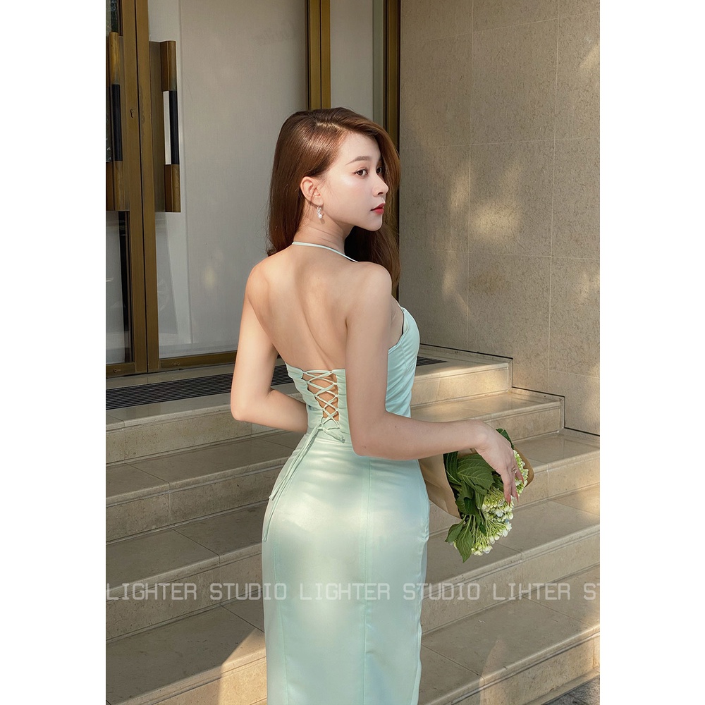 Set áo croptop lụa nữ 2 dây Lighter Studio hở lưng sexy & chân váy xẻ tà dáng dài ôm body Sum dress