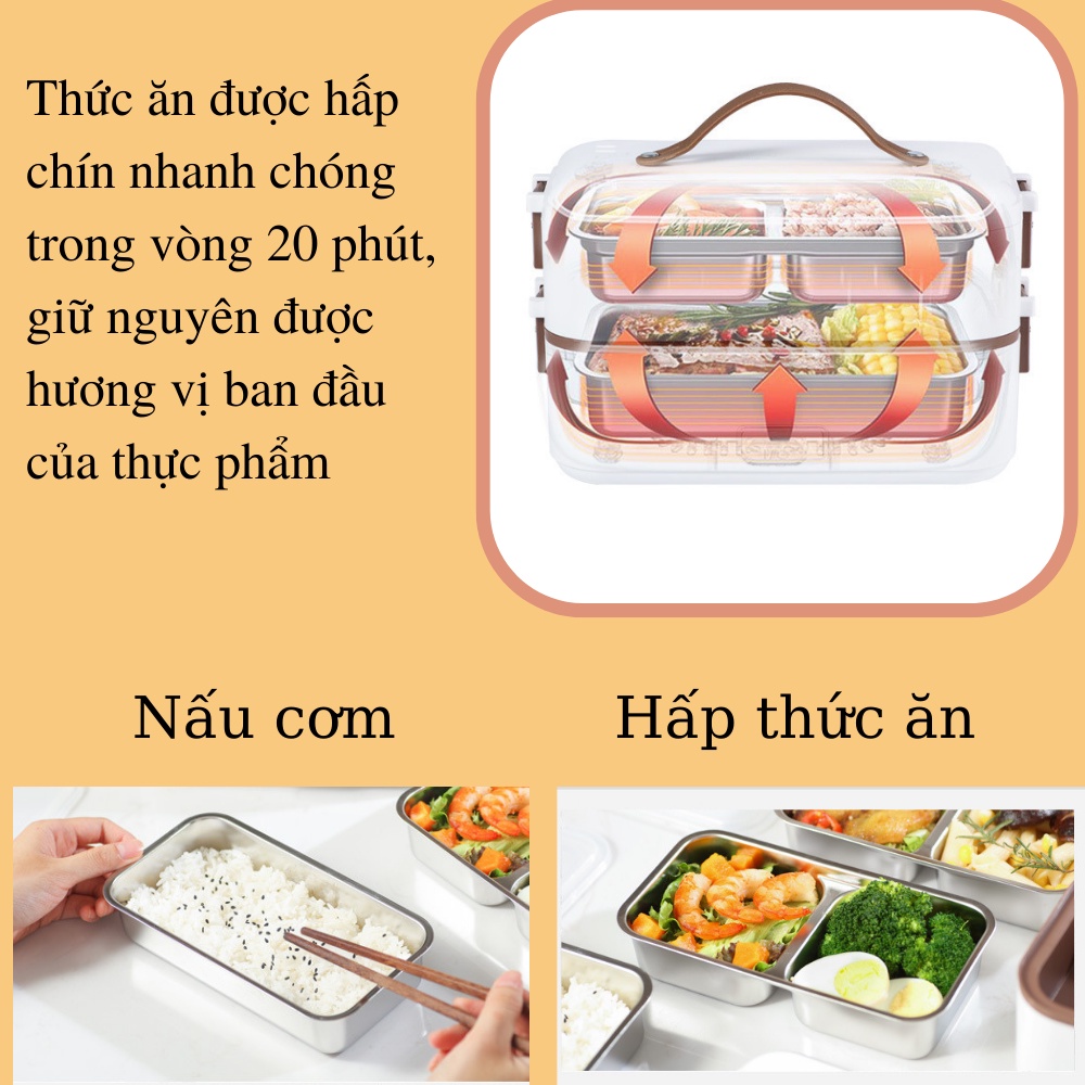 Hộp cơm cắm điện văn phòng CTFAST- A08 : Hộp cơm giữ nhiệt 2 tầng tiện dụng, inox 304 cao cấp - Tặng túi giữ nhiết 100K