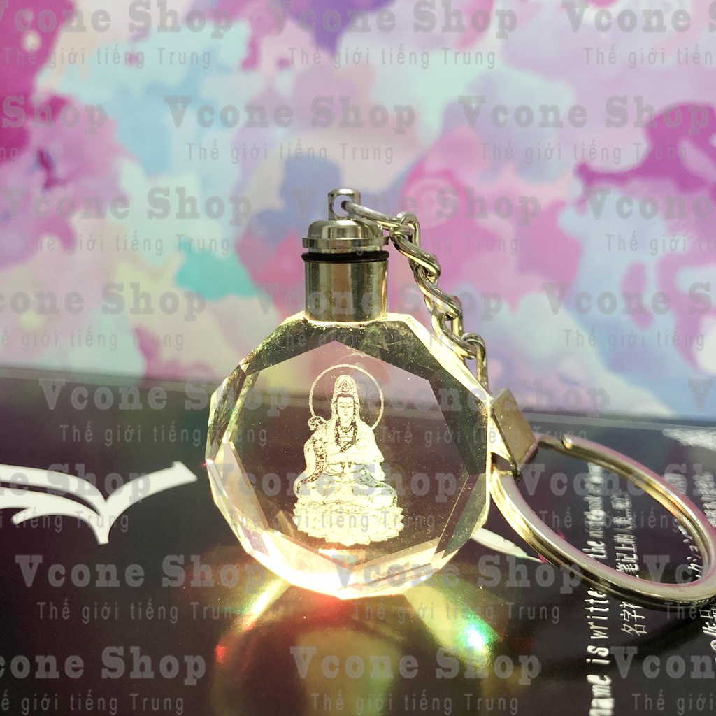 Móc khóa phát sáng pha lê thủy tinh Tượng phật bà QUAN ÂM NGỒI ĐÀI SEN quà tặng xinh xắn