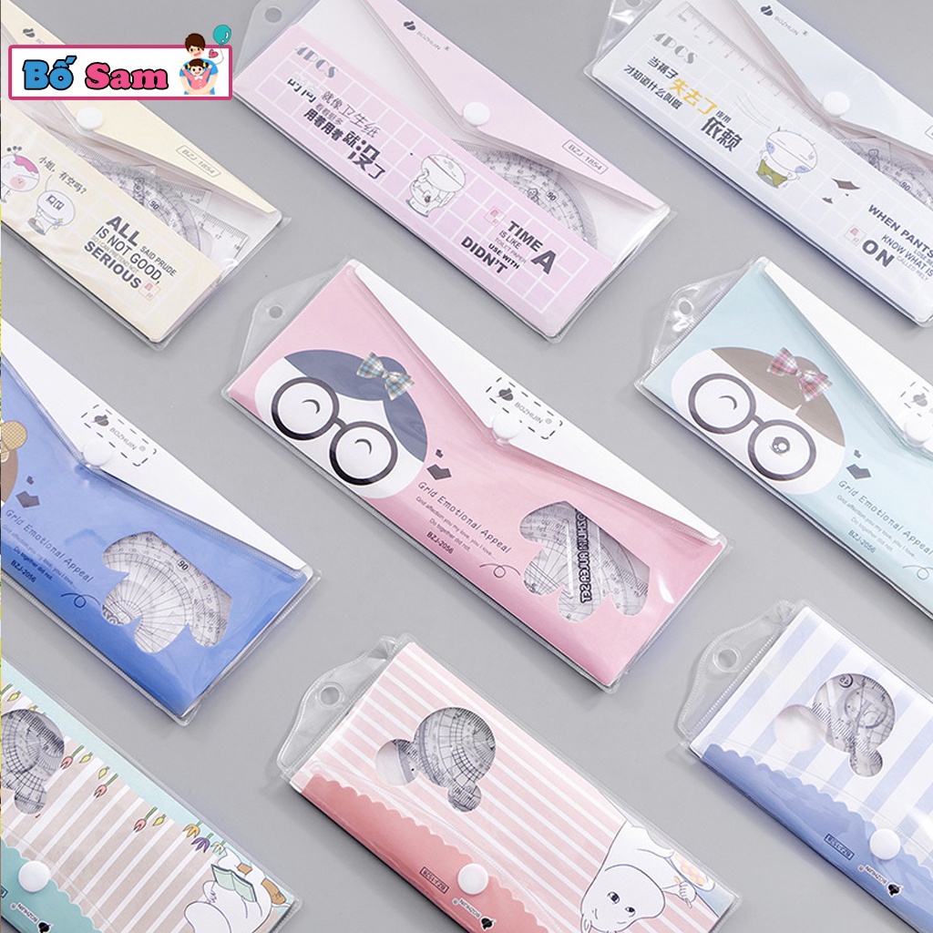 Bộ eke thước kẻ học sinh dụng cụ 4 chiếc trong suốt nhiều kích cỡ cute Shop Bố Sam