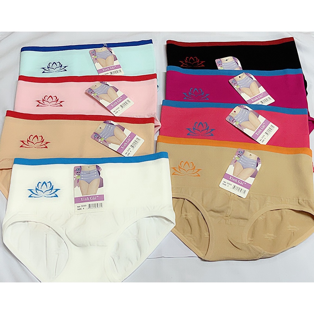 Quần Lót Thun Dệt 3099, Quần Chip Nữ, Size (55-63Kg), Lưng Bản To 9 cm ôm bụng, in LOGO hoa sen thời trang