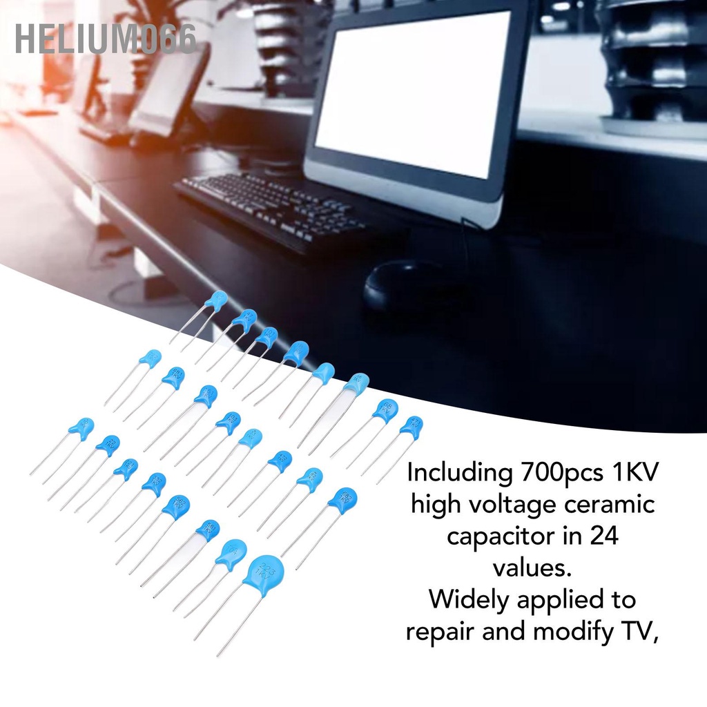 Helium066 Tụ gốm 700Pcs Bộ phân loại 24 giá trị điện áp cao 1KV cho TV Radio