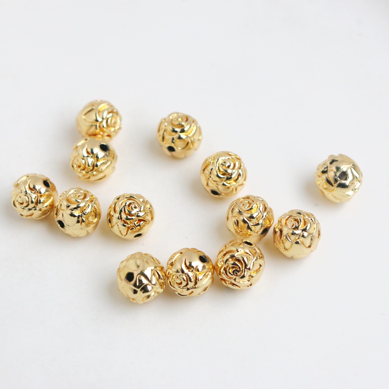 Bộ 10 Hạt Đồng 14K Màu Vàng Họa Tiết Hoa Hồng Dùng Làm Vòng Tay/Vòng Cổ diy